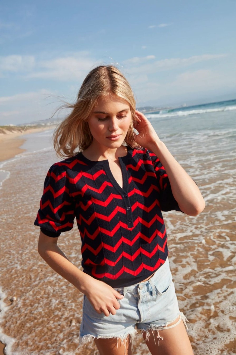 New Tabitha Webb Henley Chevron V-Neck Top Navy/Red