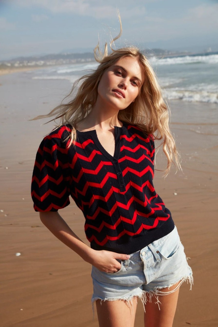 New Tabitha Webb Henley Chevron V-Neck Top Navy/Red