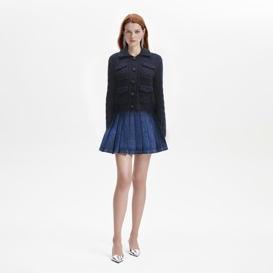 Online self-portrait Navy Knit Collar Cardigan