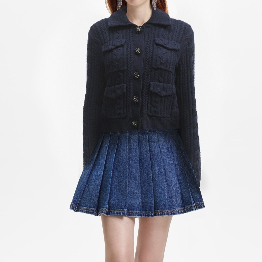 Online self-portrait Navy Knit Collar Cardigan