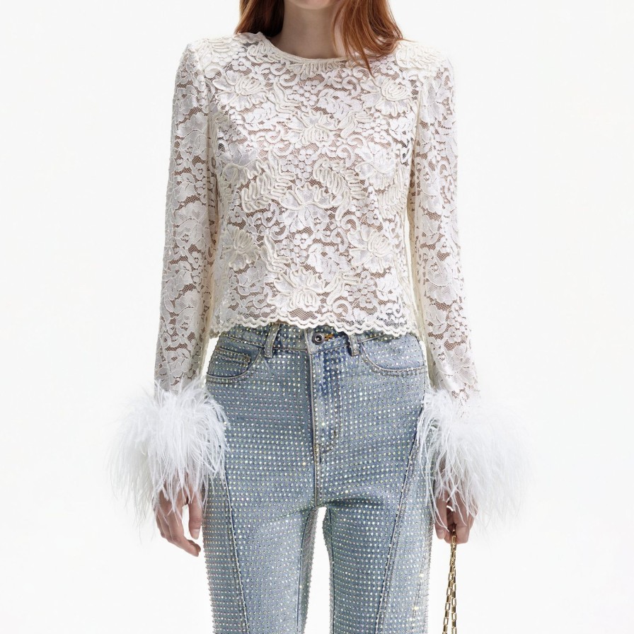 Hot self-portrait Cream Cord Lace Feather Top