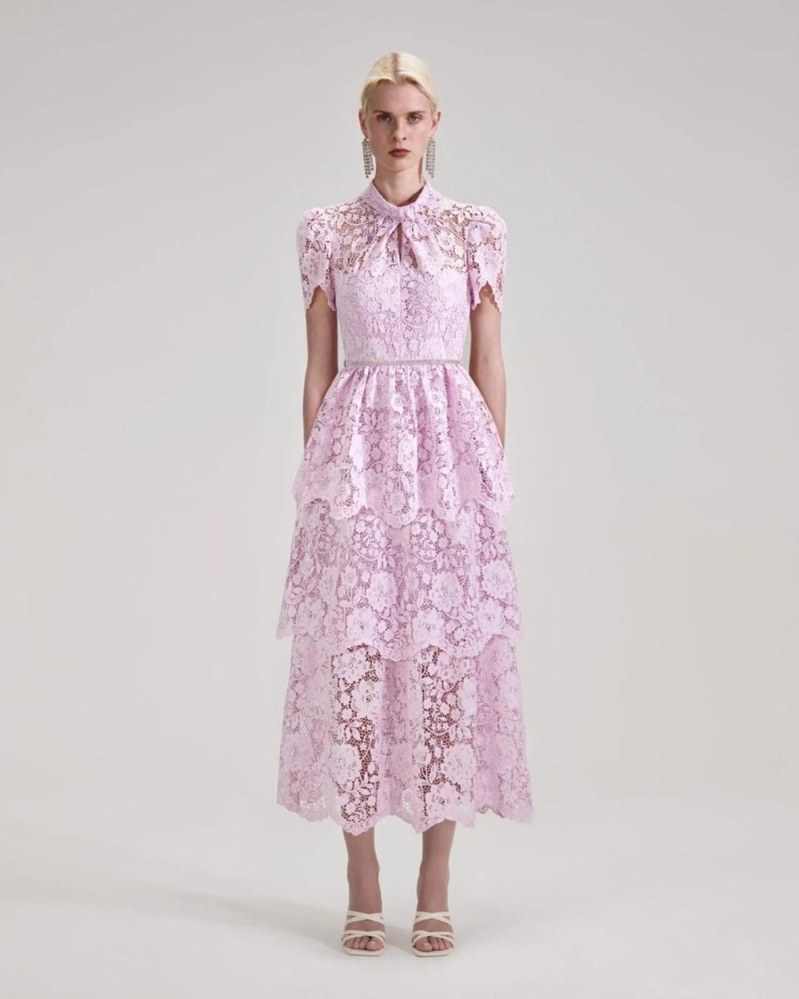 Clearance self-portrait Pink Cord Lace Tiered Midi Dress