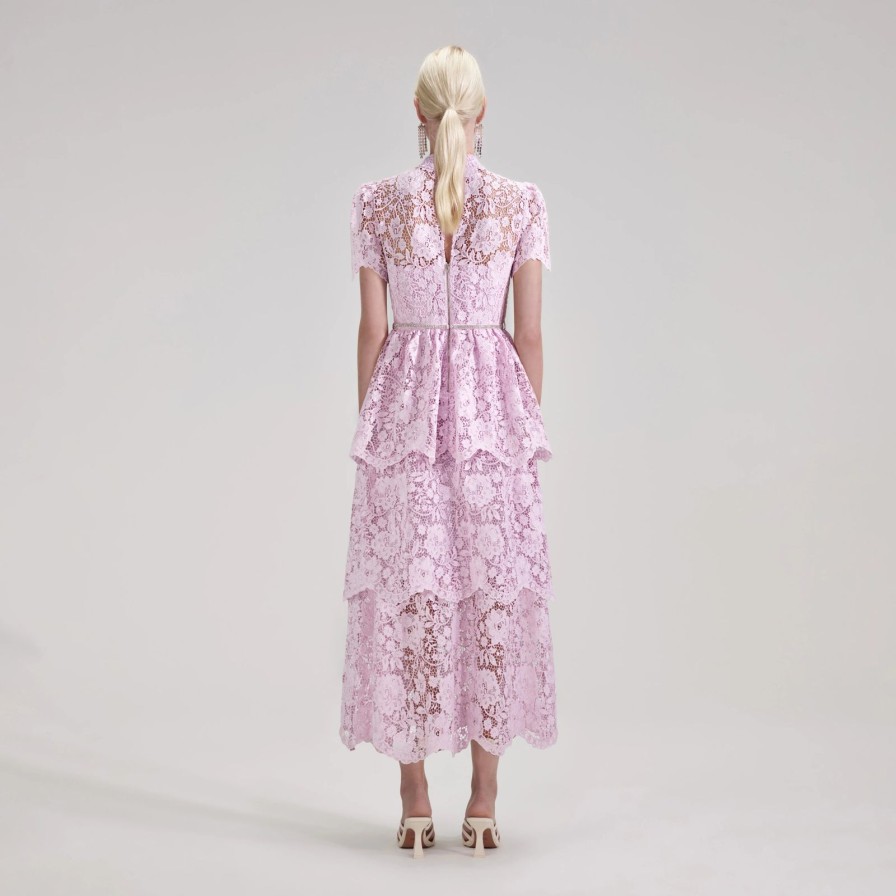 Clearance self-portrait Pink Cord Lace Tiered Midi Dress