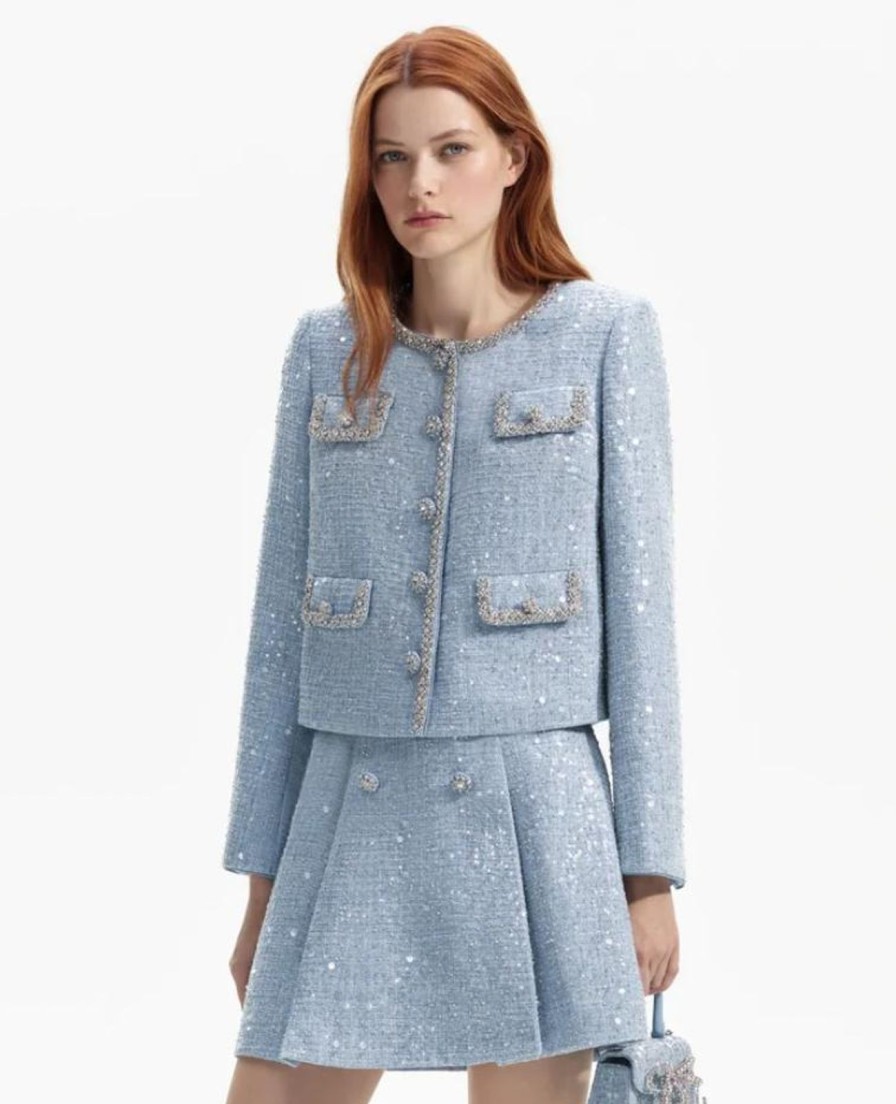 Wholesale self-portrait Blue Sequin Boucle Jacket