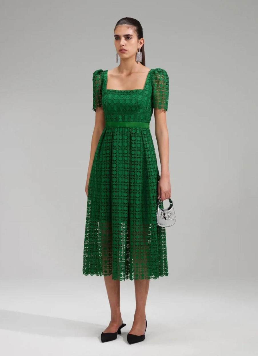 Best self-portrait Green Petal Lace Midi Dress