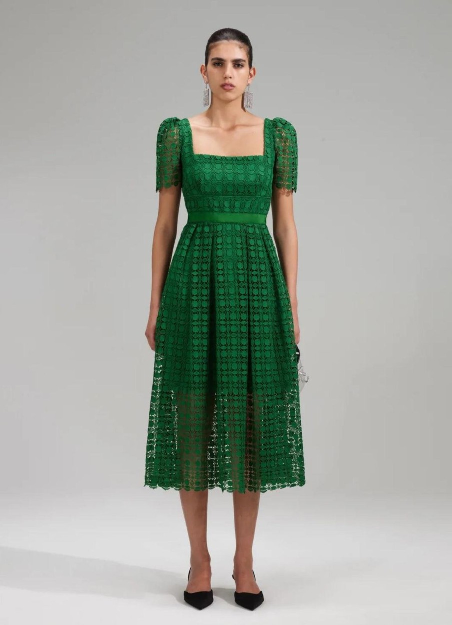 Best self-portrait Green Petal Lace Midi Dress