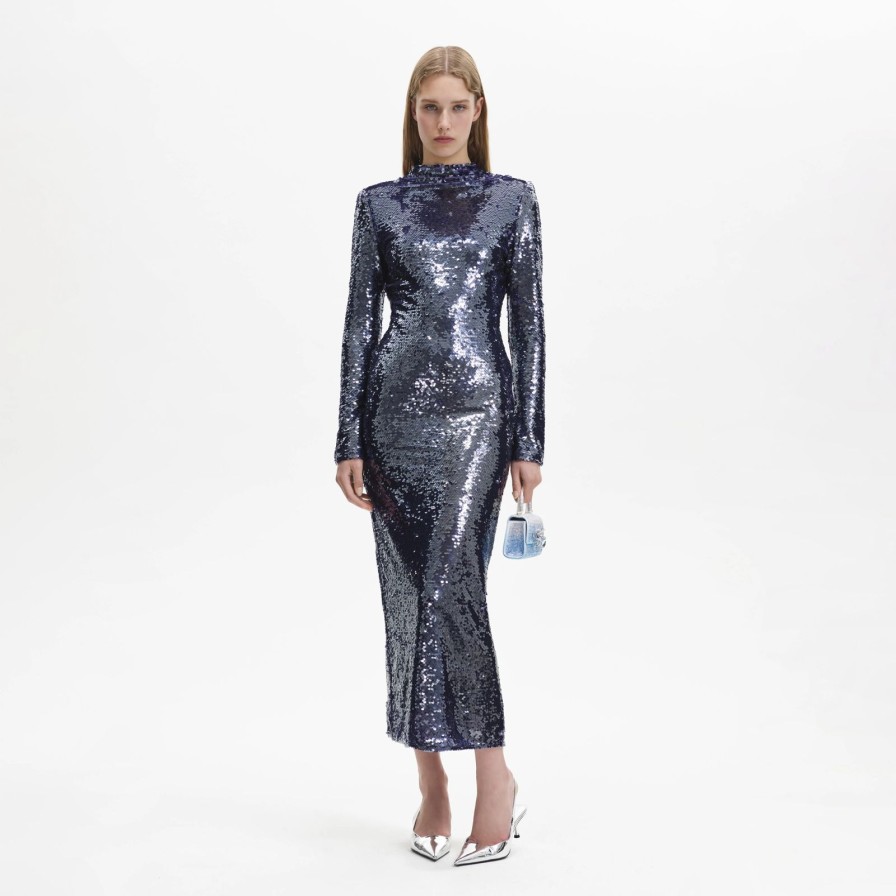 Online self-portrait Navy Sequin Midi Dress