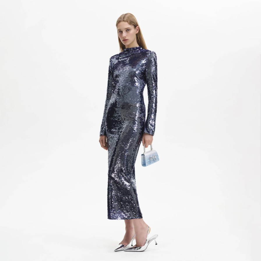 Online self-portrait Navy Sequin Midi Dress