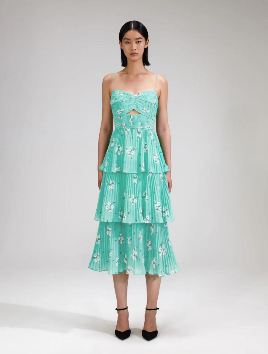 Wholesale self-portrait Blue Floral Tiered Chiffon Midi Dress