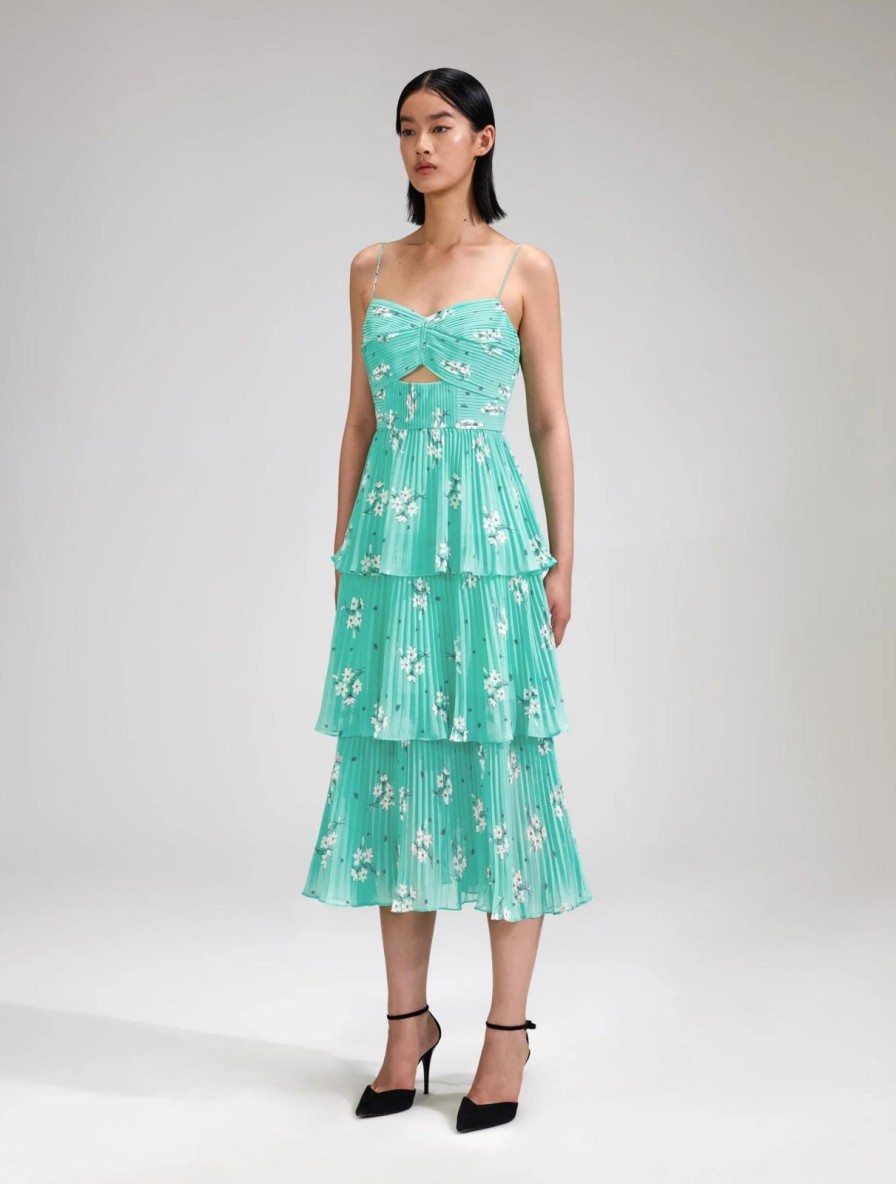 Wholesale self-portrait Blue Floral Tiered Chiffon Midi Dress