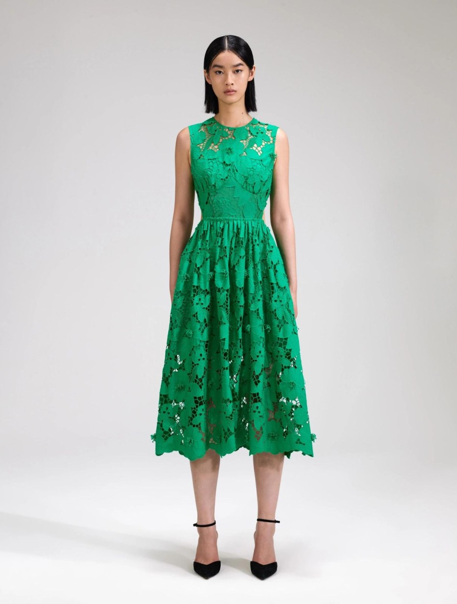 Clearance self-portrait Green 3D Cotton Lace Midi Dress