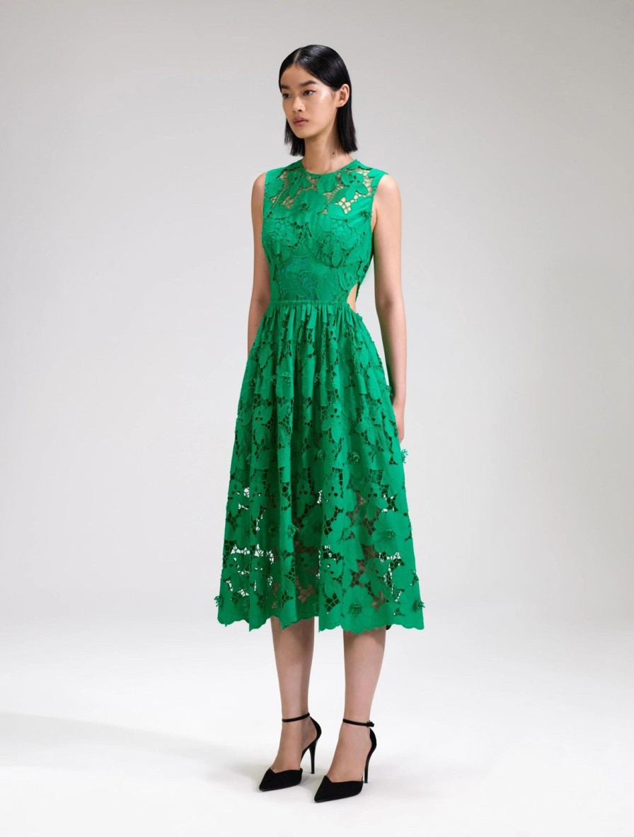 Clearance self-portrait Green 3D Cotton Lace Midi Dress