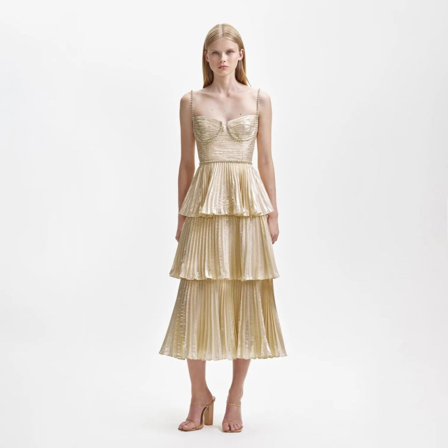 Hot self-portrait Gold Metallic Tiered Midi Dress