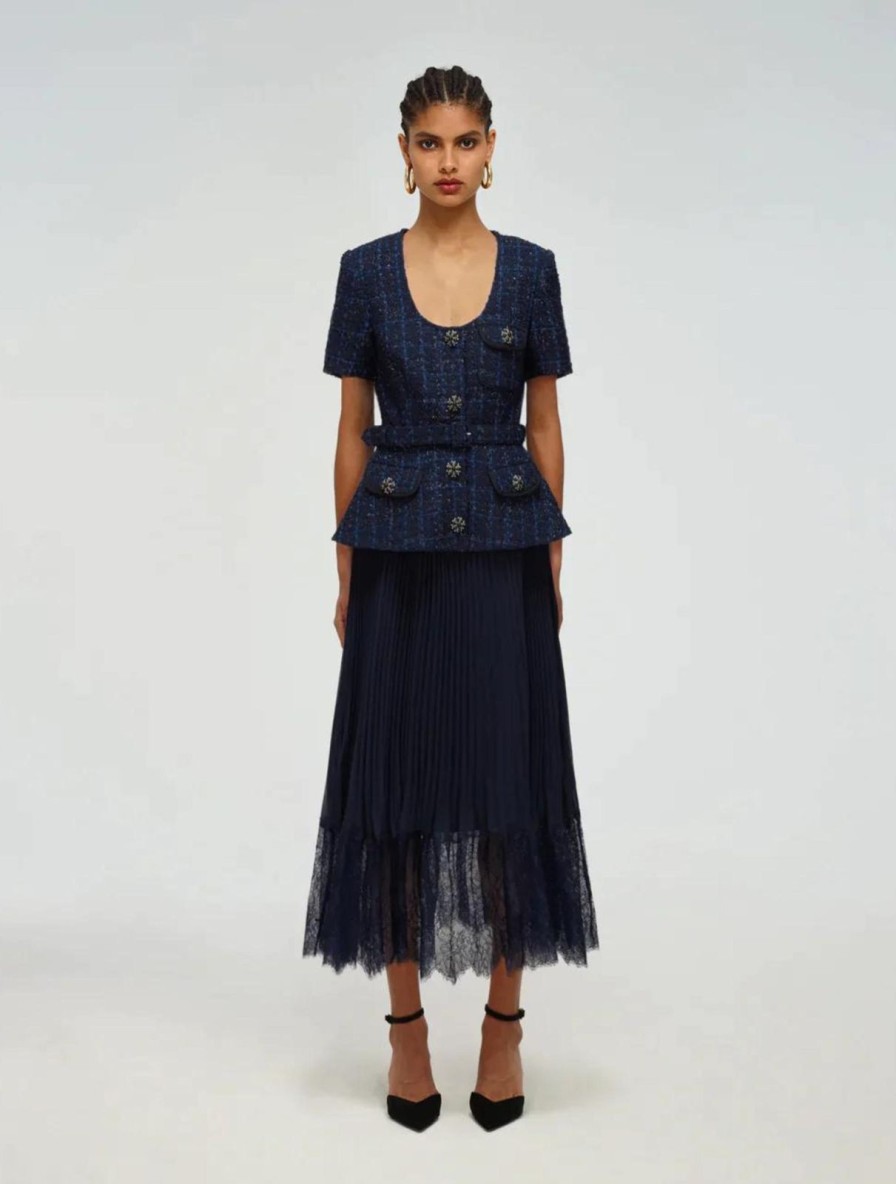 Online self-portrait Navy Metallic Boucle Tailored Midi Dress