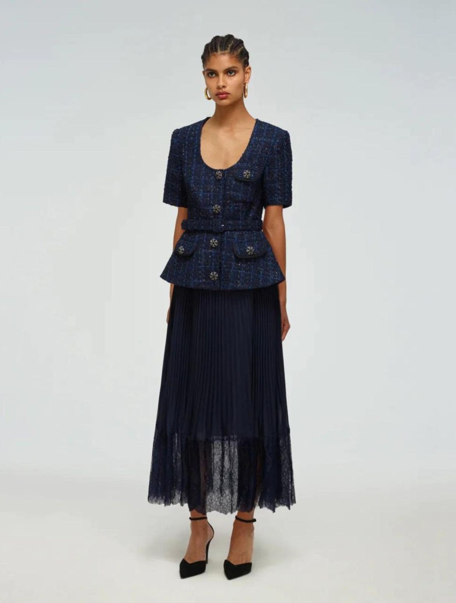 Online self-portrait Navy Metallic Boucle Tailored Midi Dress