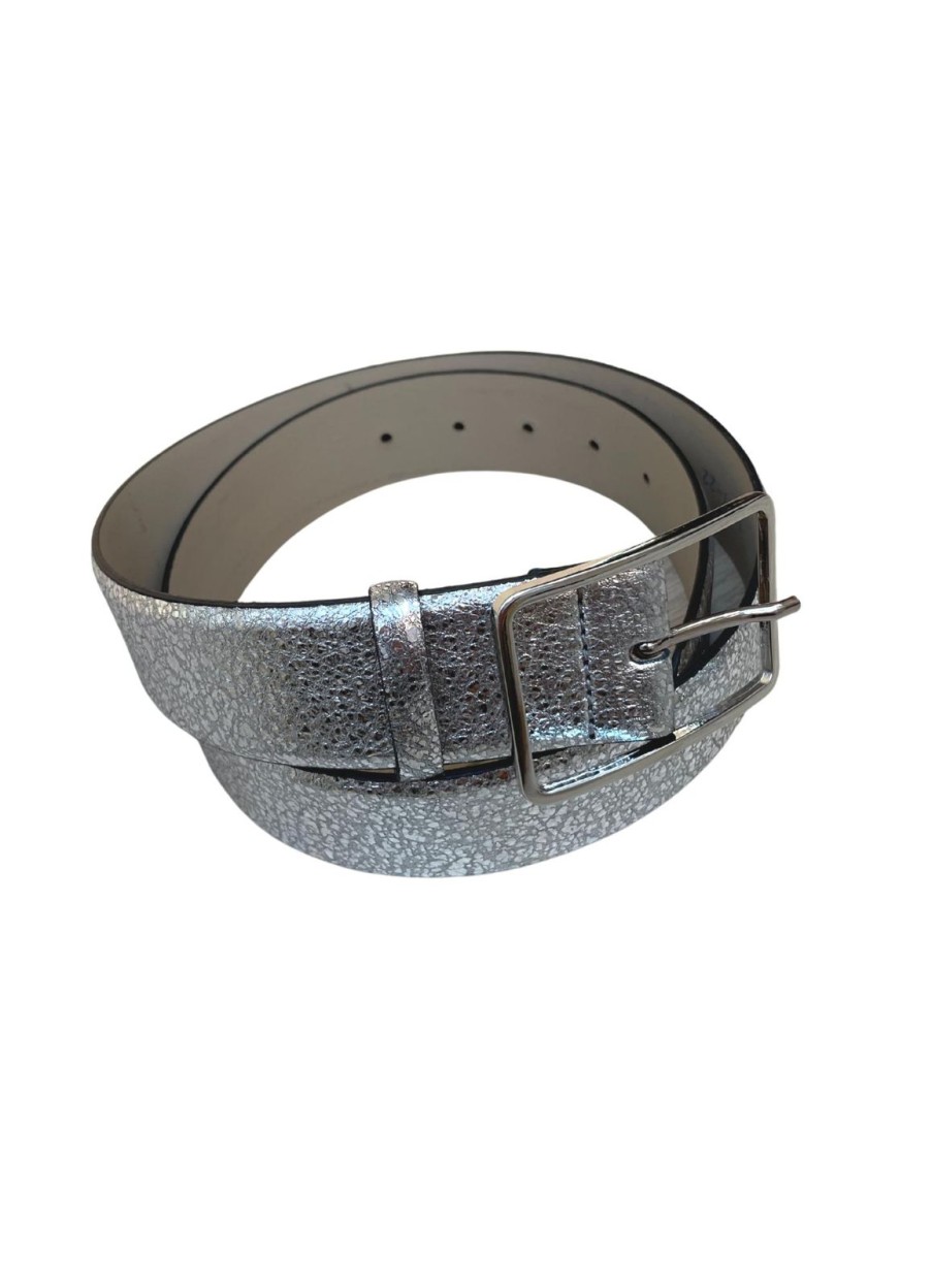 Online Abro Wide Belt Leather Metallic Silver