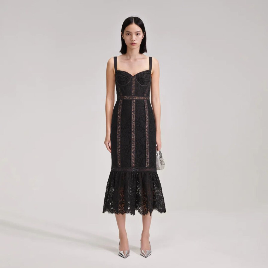 Wholesale self-portrait Black Cord Lace Midi Dress