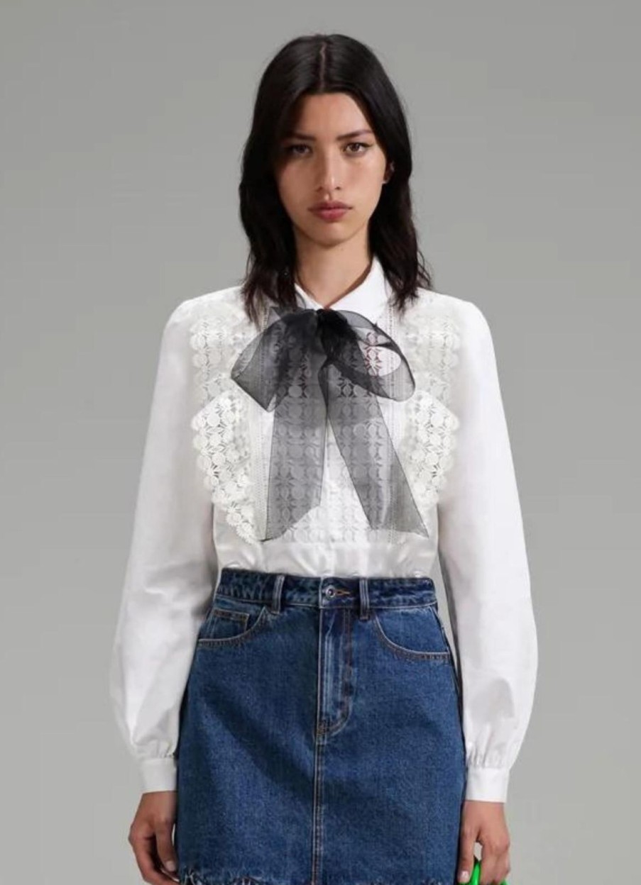 Clearance self-portrait White Lace Bib Cotton Shirt