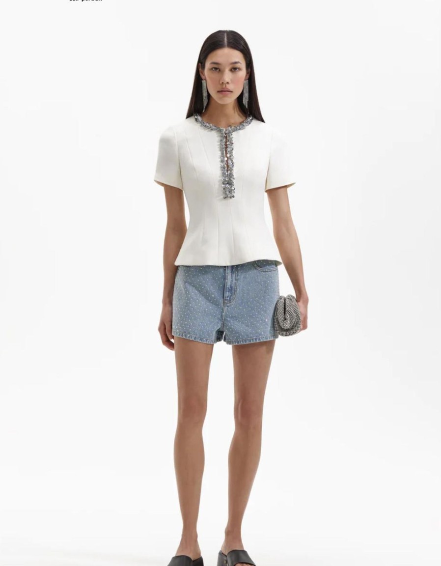 New self-portrait Cream Crepe Embellished Top