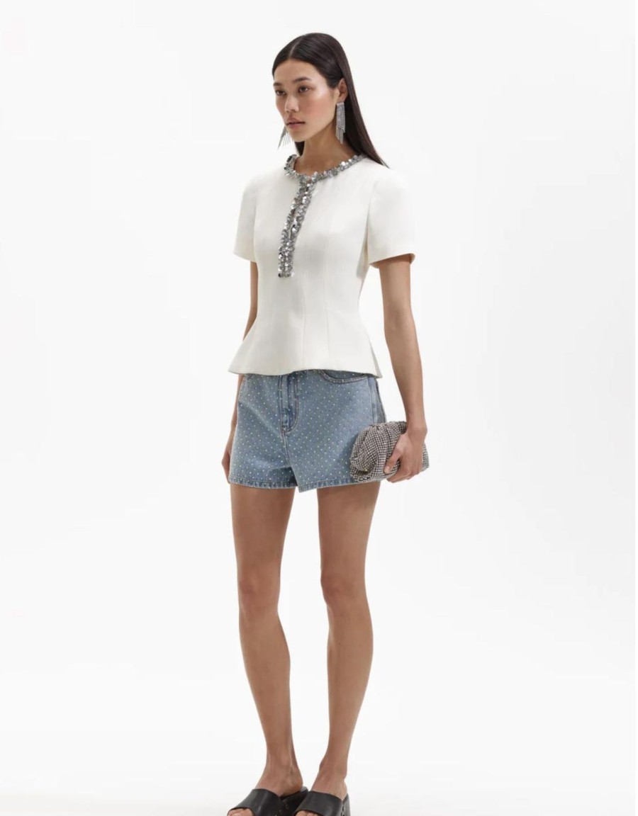 New self-portrait Cream Crepe Embellished Top