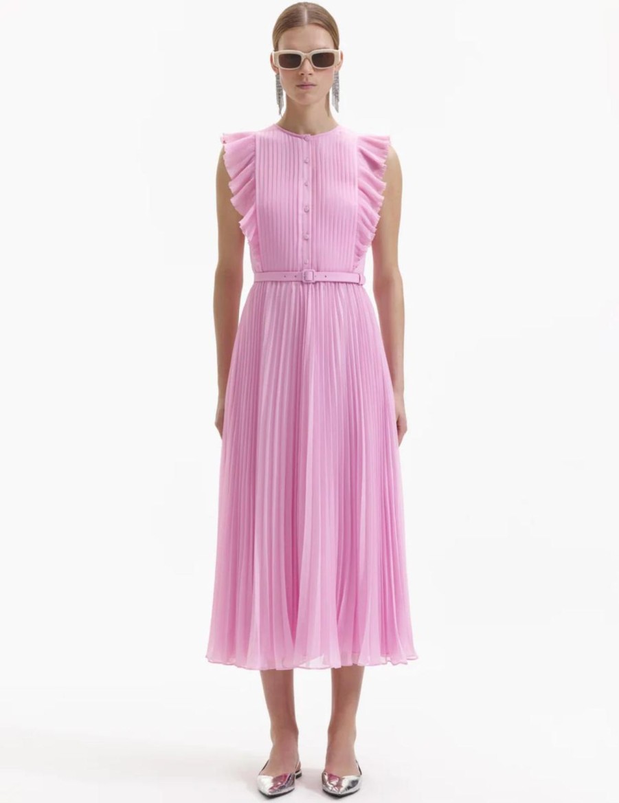 Best self-portrait Pink Chiffon Sleeveless Ruffle Midi Dress