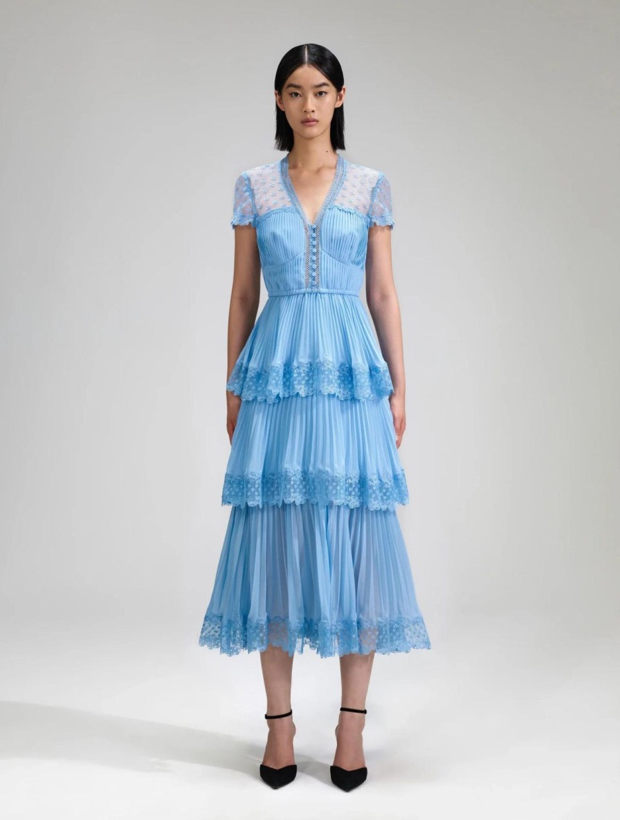 Hot self-portrait Blue Chiffon Tiered V Neck Dress