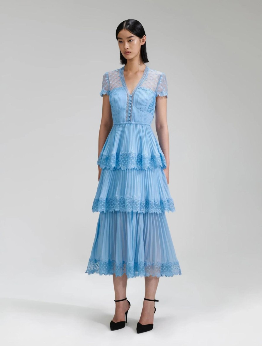 Hot self-portrait Blue Chiffon Tiered V Neck Dress