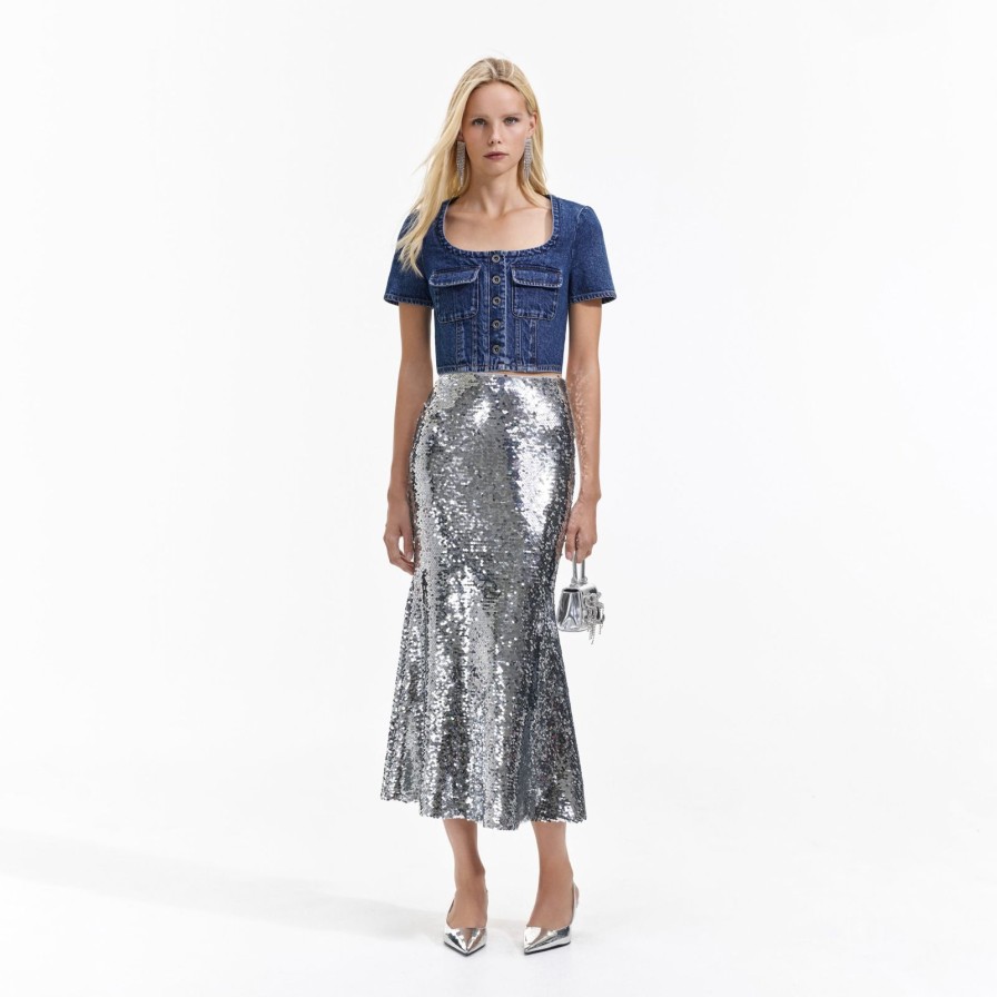 Online self-portrait Silver Sequin Maxi Skirt