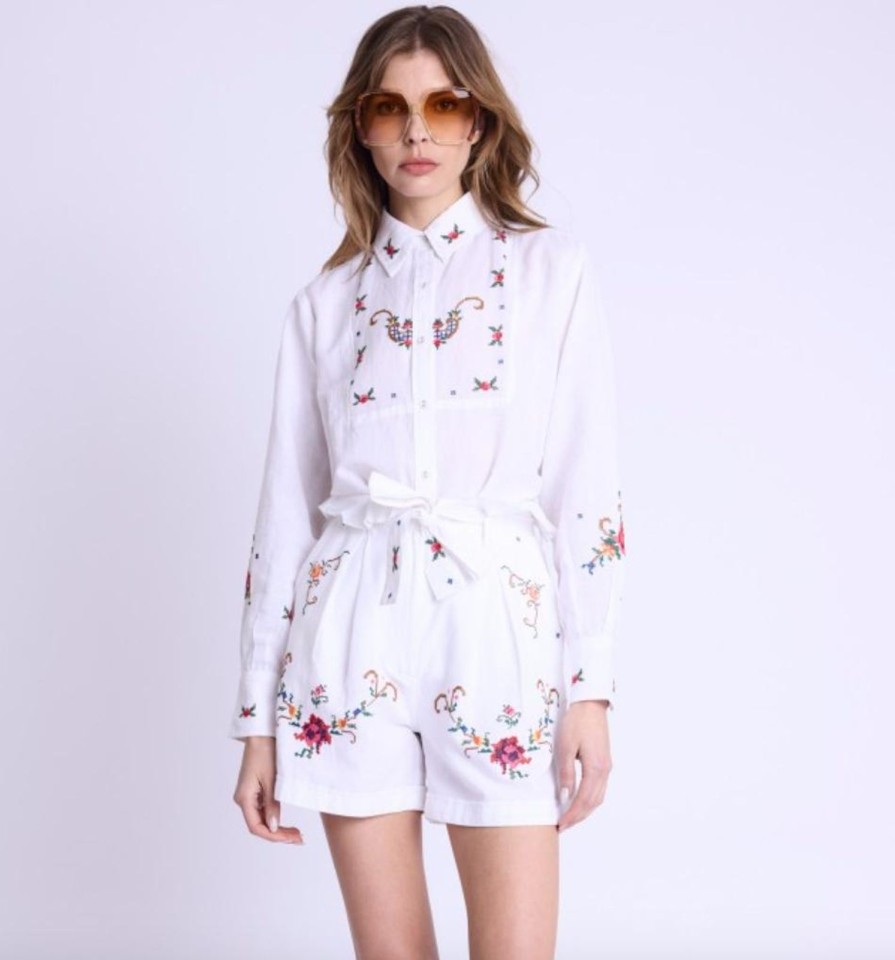 Best Berenice Serena White Embroidered Shorts