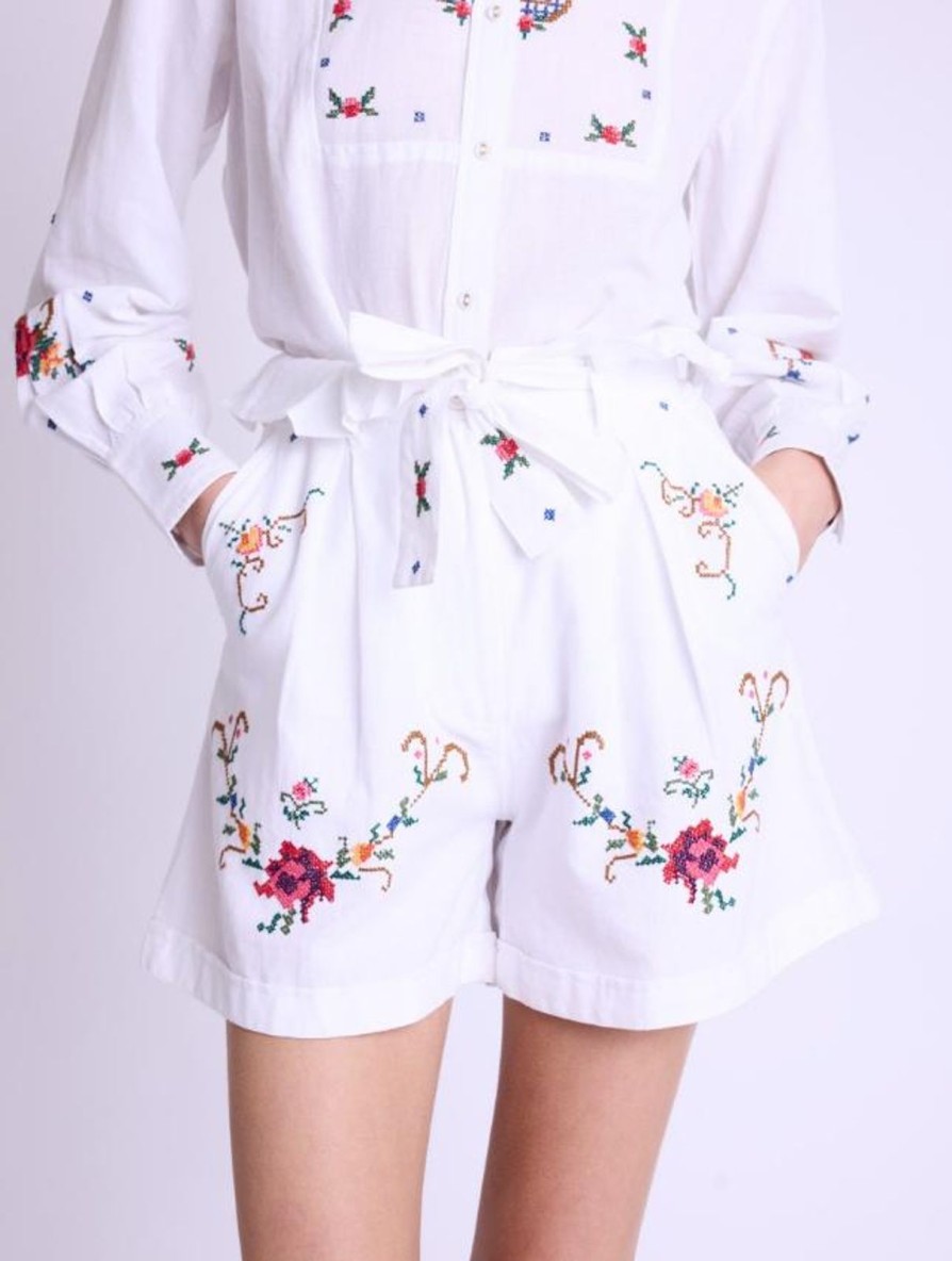 Best Berenice Serena White Embroidered Shorts