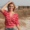 New Tabitha Webb Henley Chevron V-Neck Top Pink/Red