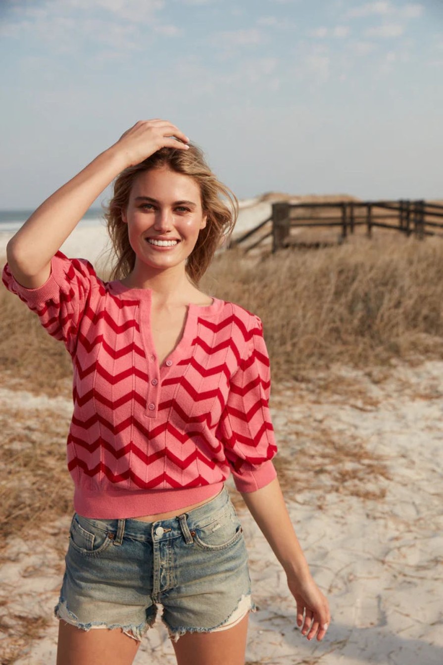 New Tabitha Webb Henley Chevron V-Neck Top Pink/Red