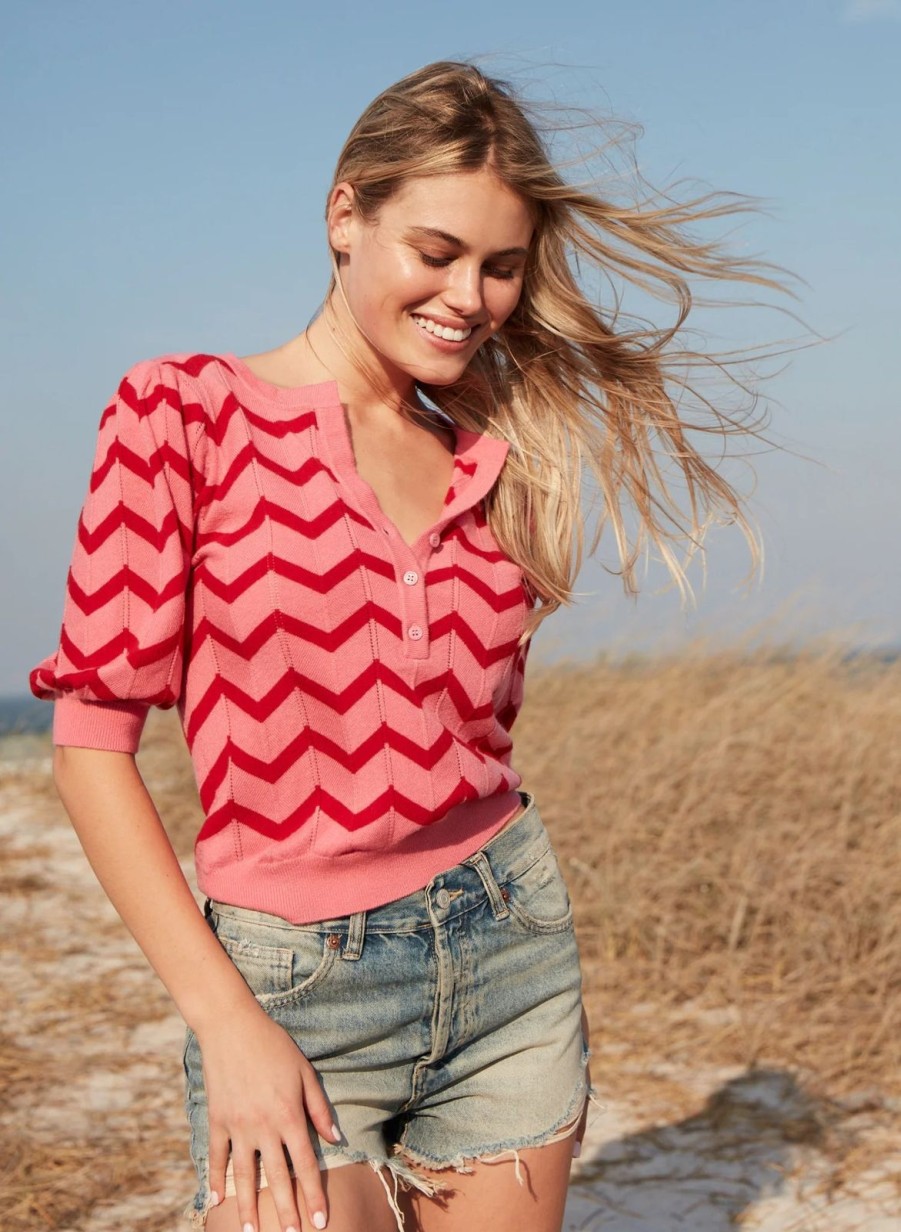 New Tabitha Webb Henley Chevron V-Neck Top Pink/Red