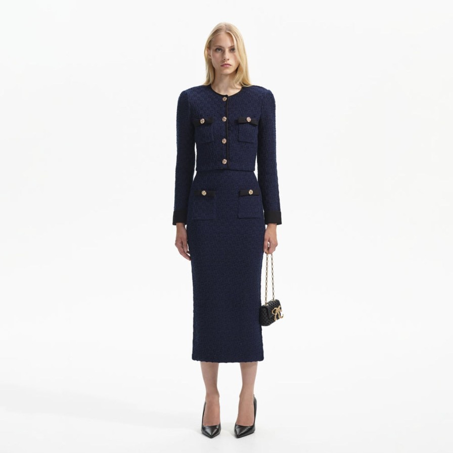 New self-portrait Navy Midi Knit Skirt