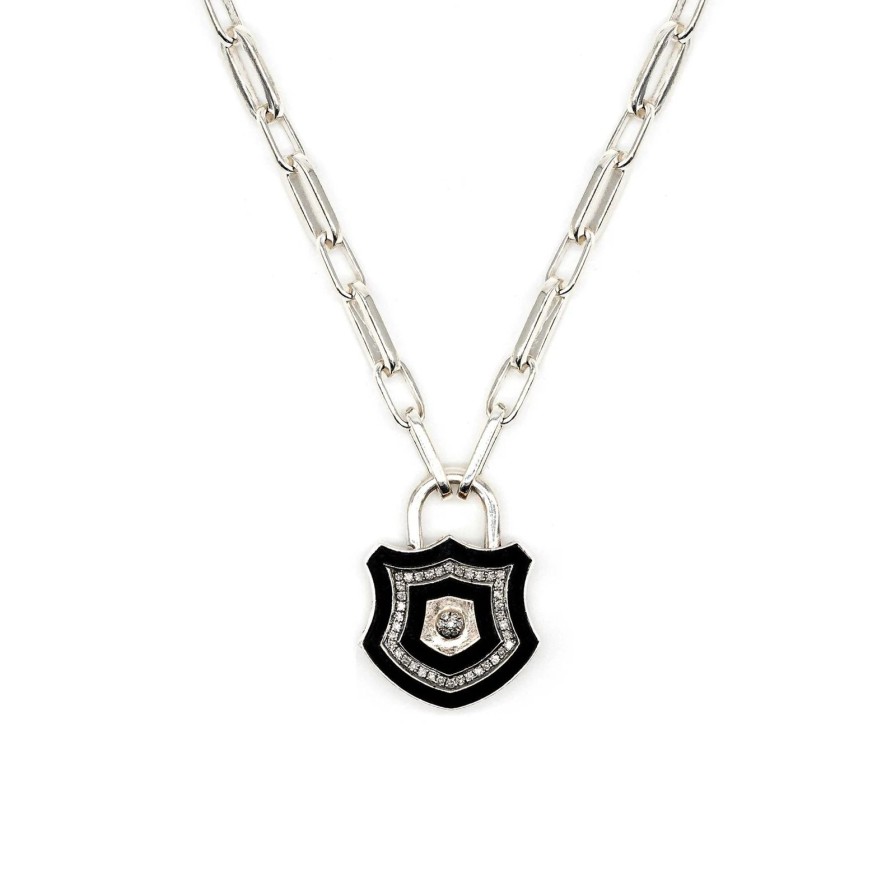 New Kirstie Le Marque Diamond & Silver Black Enamel Chunky Lock Necklace