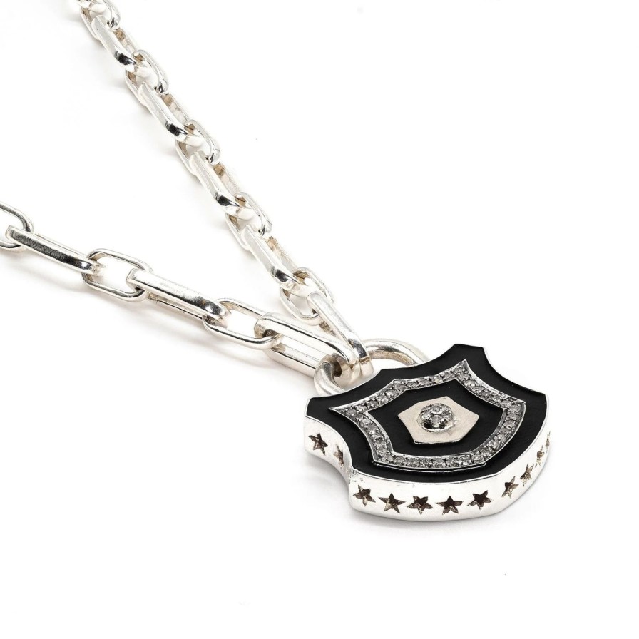 New Kirstie Le Marque Diamond & Silver Black Enamel Chunky Lock Necklace