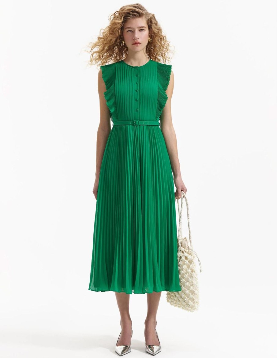 Hot self-portrait Green Chiffon Sleeveless Ruffle Midi Dress