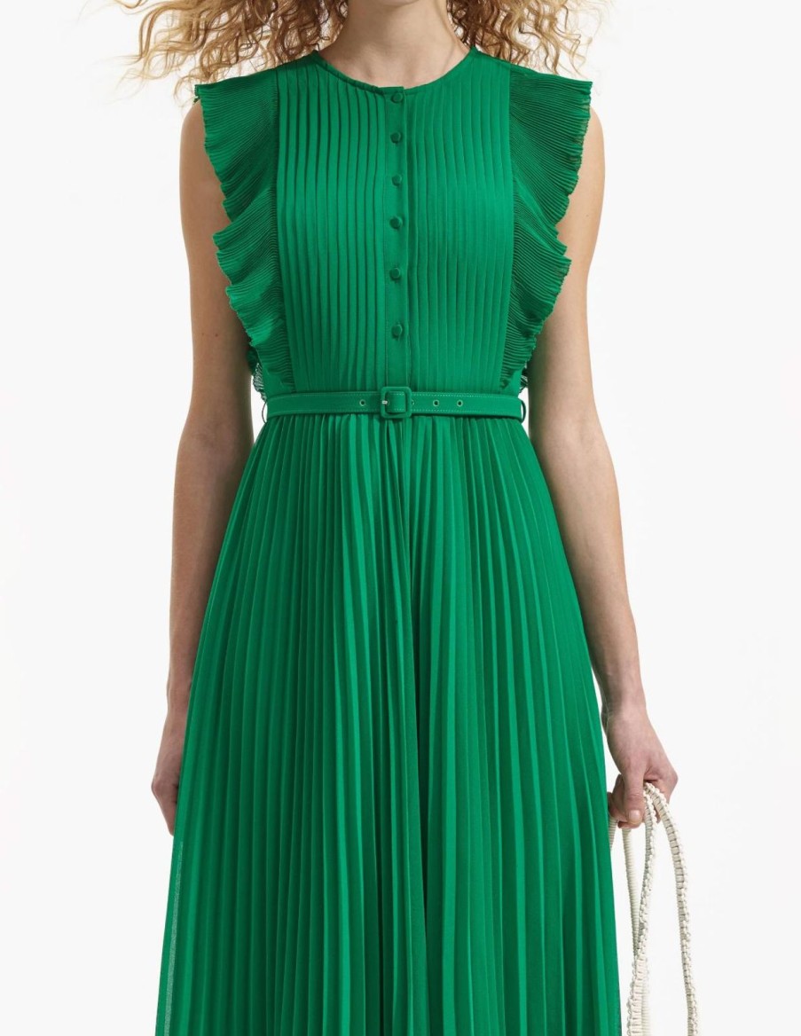 Hot self-portrait Green Chiffon Sleeveless Ruffle Midi Dress